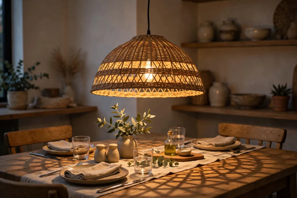 DIY woven rattan basket pendant light glowing over a dining table