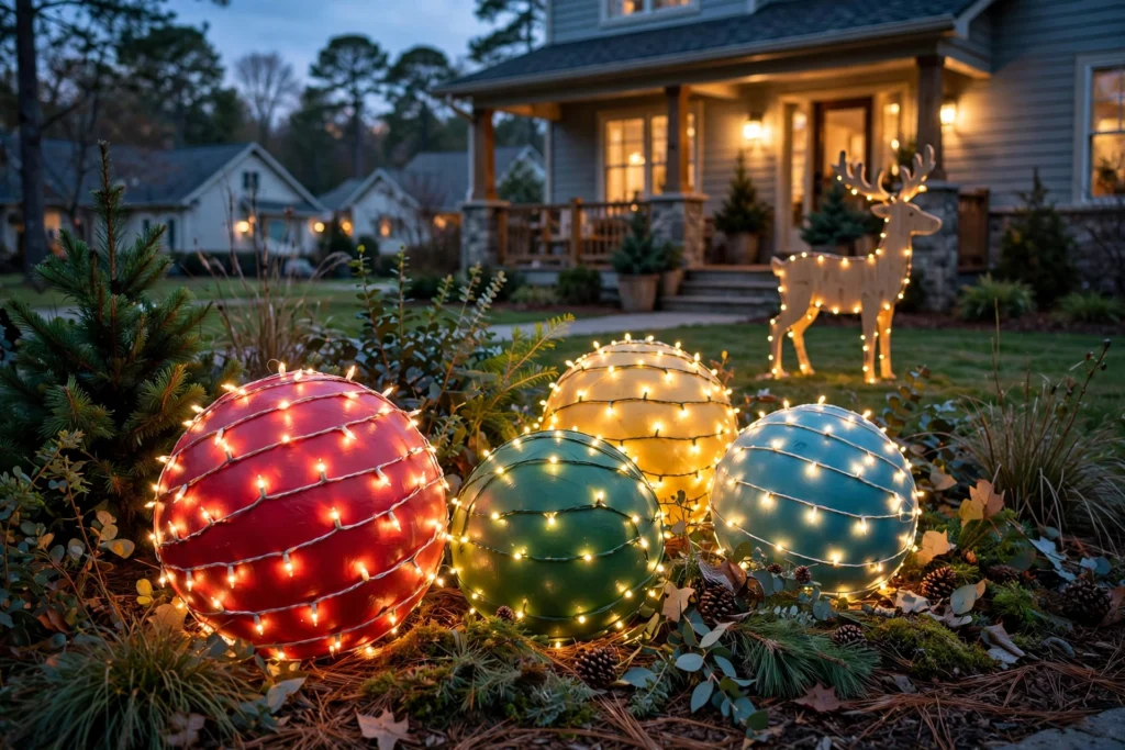 DIY oversized Christmas ornaments made from playground balls wrapped in string lights glowing in a front yard at dusk