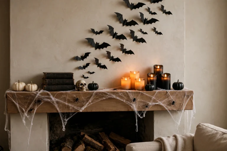 Halloween mantel decor with paper bat swarm, spider webs, glowing LED candles, pumpkins, skull and spell-tome books