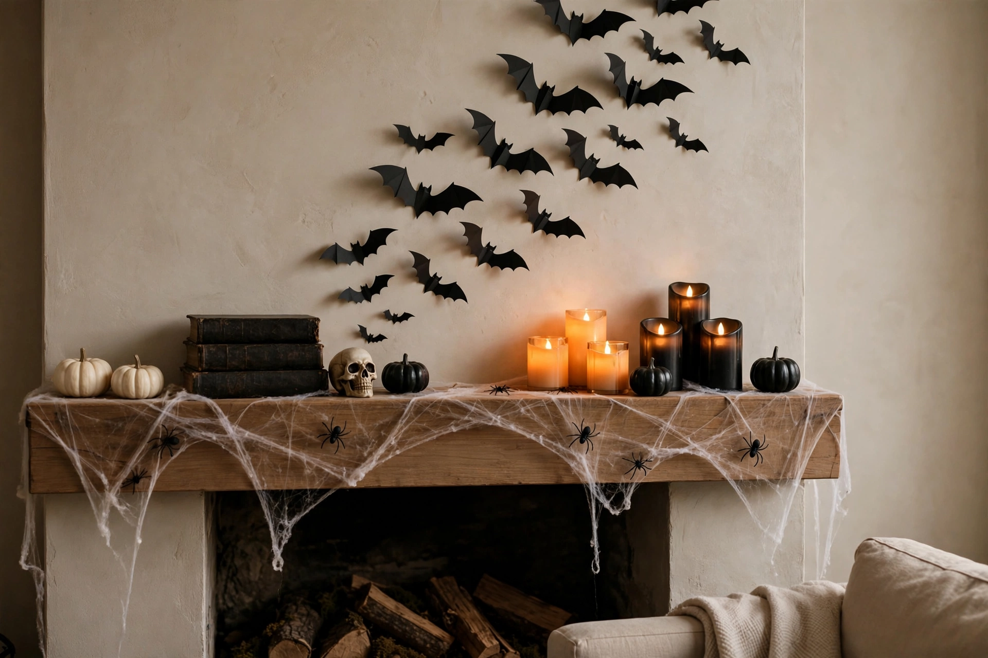 Halloween mantel decor with paper bat swarm, spider webs, glowing LED candles, pumpkins, skull and spell-tome books
