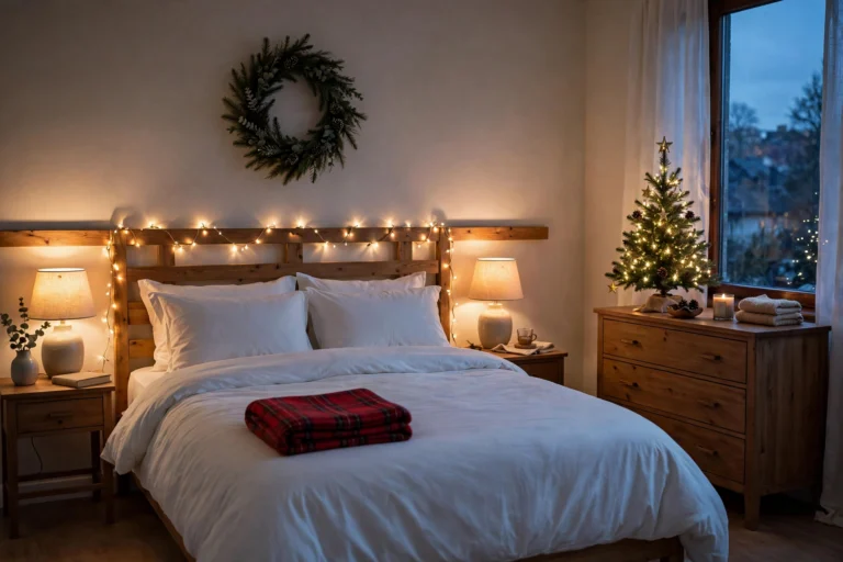 Cozy Christmas bedroom with red plaid throw on white bedding, fairy lights on the headboard, a small lit Christmas tree on the dresser, and an evergreen wreath above the headboard