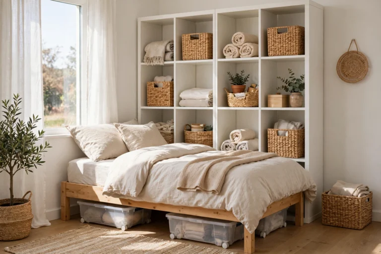 Small bedroom with clever budget storage: cube shelving headboard wall, under-bed rolling bins, and woven baskets