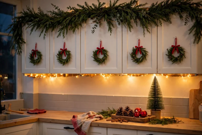 Christmas kitchen decorated for the holidays with green garland above white cabinets, mini wreaths on cabinet doors, warm fairy lights, and a small bottlebrush tree on the counter