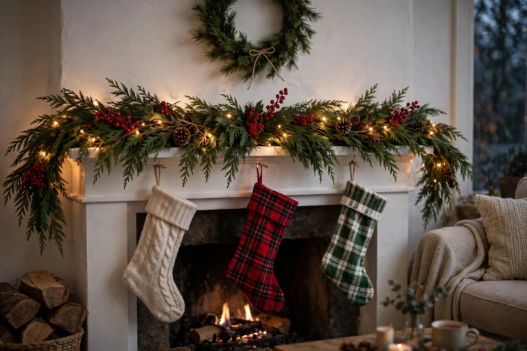 Budget Christmas mantel with cedar garland, fairy lights, stockings, and wreath
