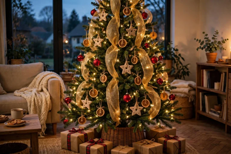 Christmas tree decorated on a budget with gold mesh ribbon, dried orange slice ornaments, red baubles, and a woven basket tree collar