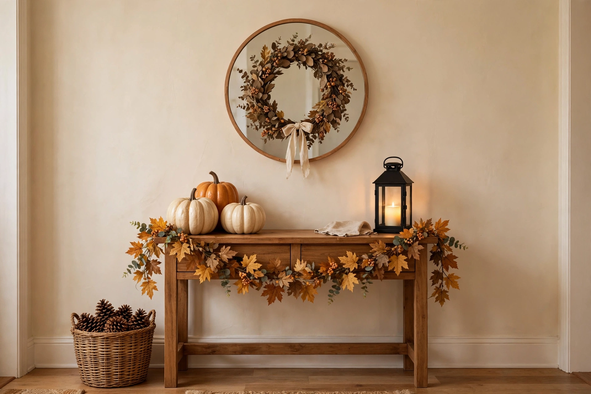 Thanksgiving entryway decor on a budget — console table with pumpkins, lantern, and fall garland