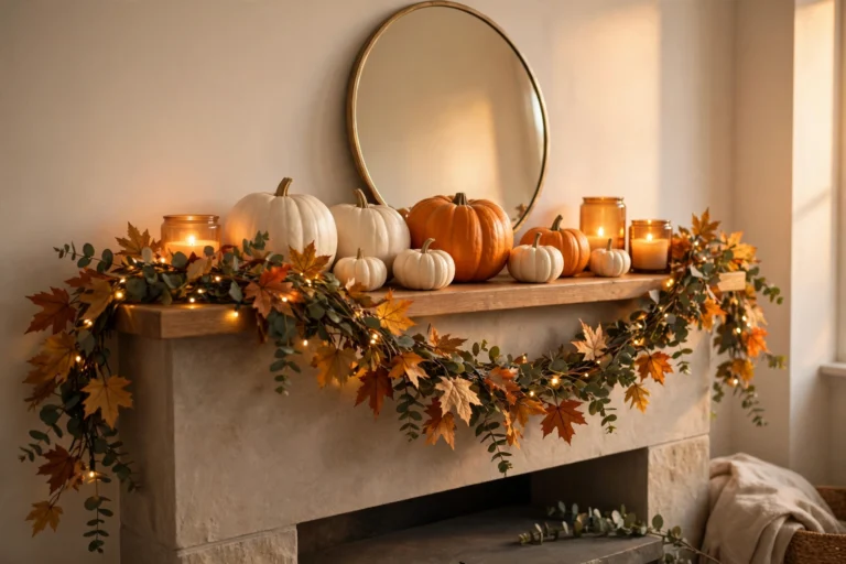 Thanksgiving mantel decor on a budget — fireplace mantel with eucalyptus garland, pumpkins, glowing candles, and a round mirror