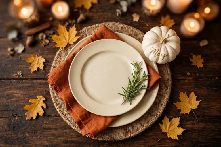 Overhead view of a Thanksgiving place setting with cream plates on a burlap charger, rust napkin, mini white pumpkin name card, and rosemary sprig
