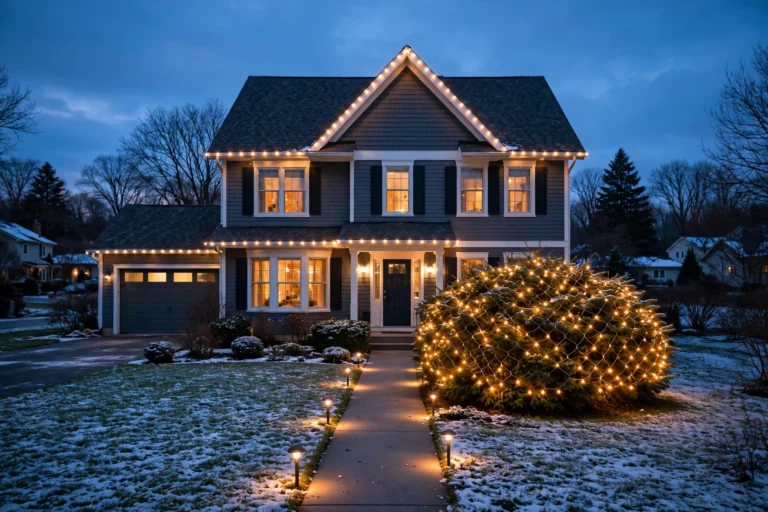 Suburban house at dusk outlined with warm-white outdoor Christmas lights on the roofline, net lights on a bush, and pathway lights along the walkway