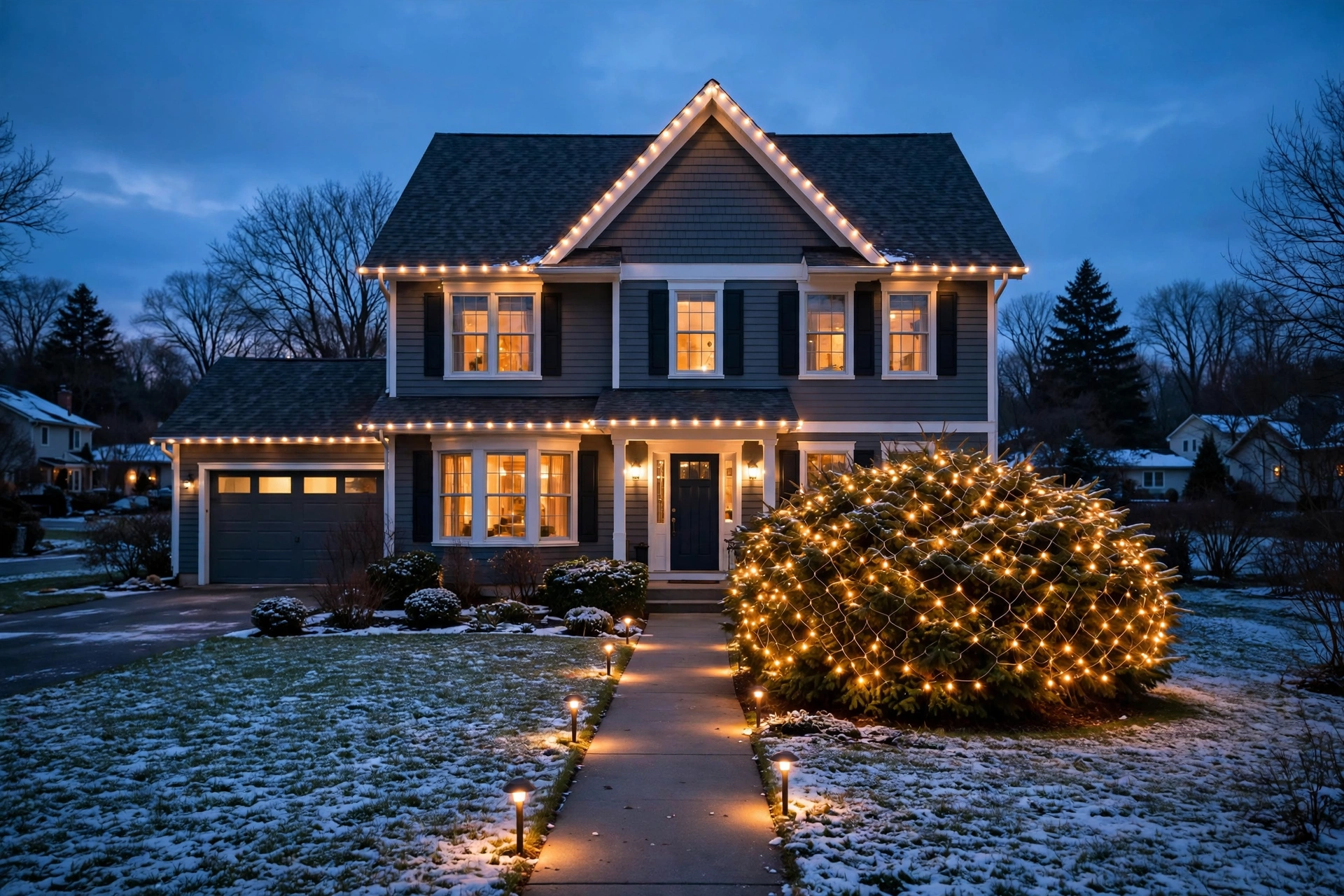 Suburban house at dusk outlined with warm-white outdoor Christmas lights on the roofline, net lights on a bush, and pathway lights along the walkway