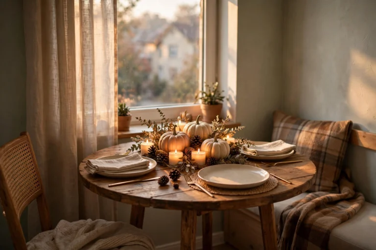 Small dining nook decorated for Thanksgiving with a low mini-pumpkin centerpiece, glowing candles, and plates around a round wooden table