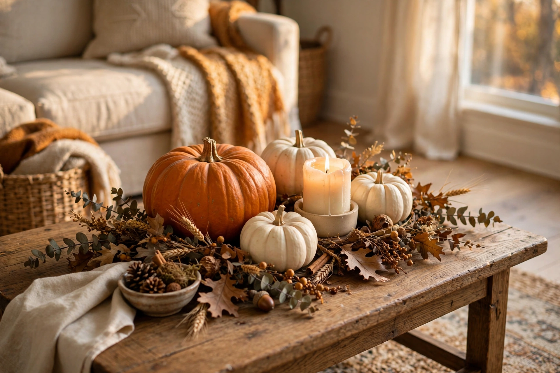 Cozy living room coffee table styled for Thanksgiving with pumpkins, candles, and fall garland