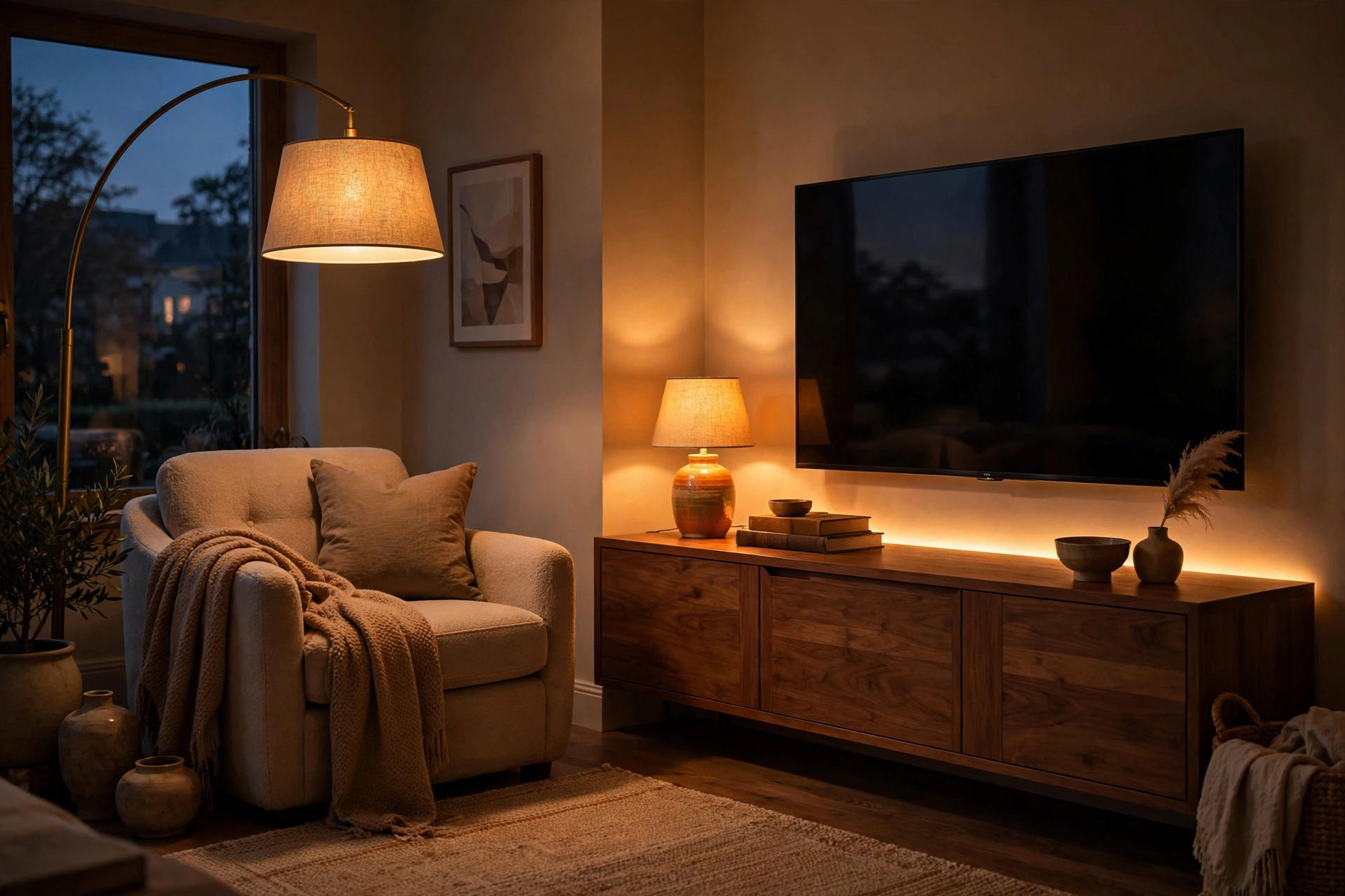 Warm lamp-lit living room at dusk with arched floor lamp, glowing table lamp, and LED strip behind TV console