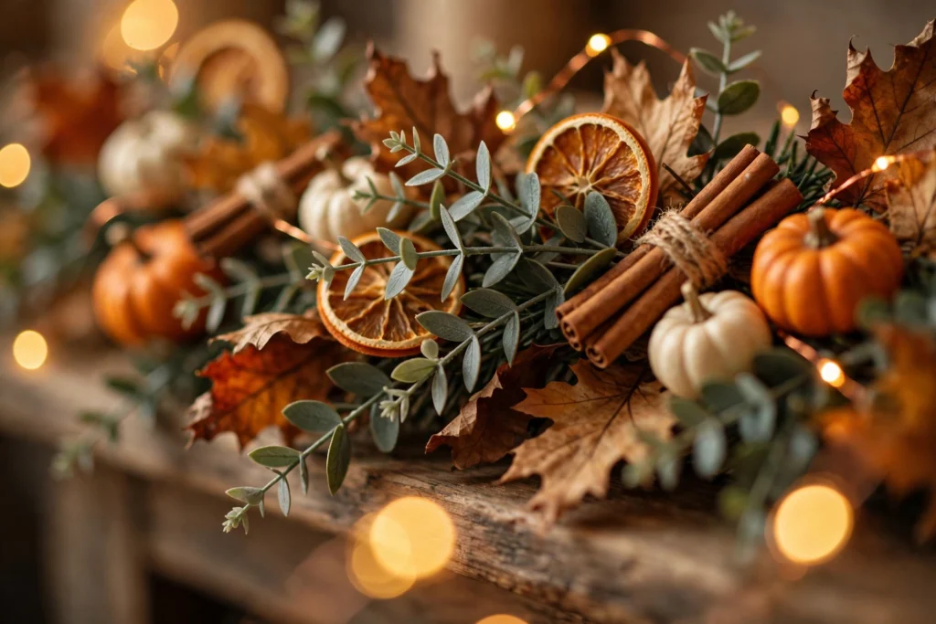 Close-up of a DIY Thanksgiving mantel garland with eucalyptus, dried orange slices, mini pumpkins, and warm fairy lights