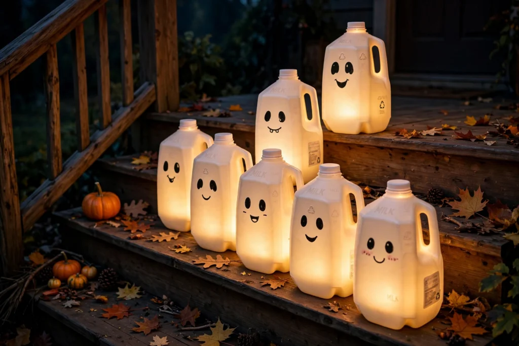 Glowing milk jug ghost lanterns lined along porch steps