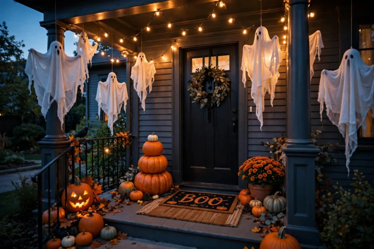 Halloween porch decorated on a budget with pumpkins, ghosts, and glowing lights