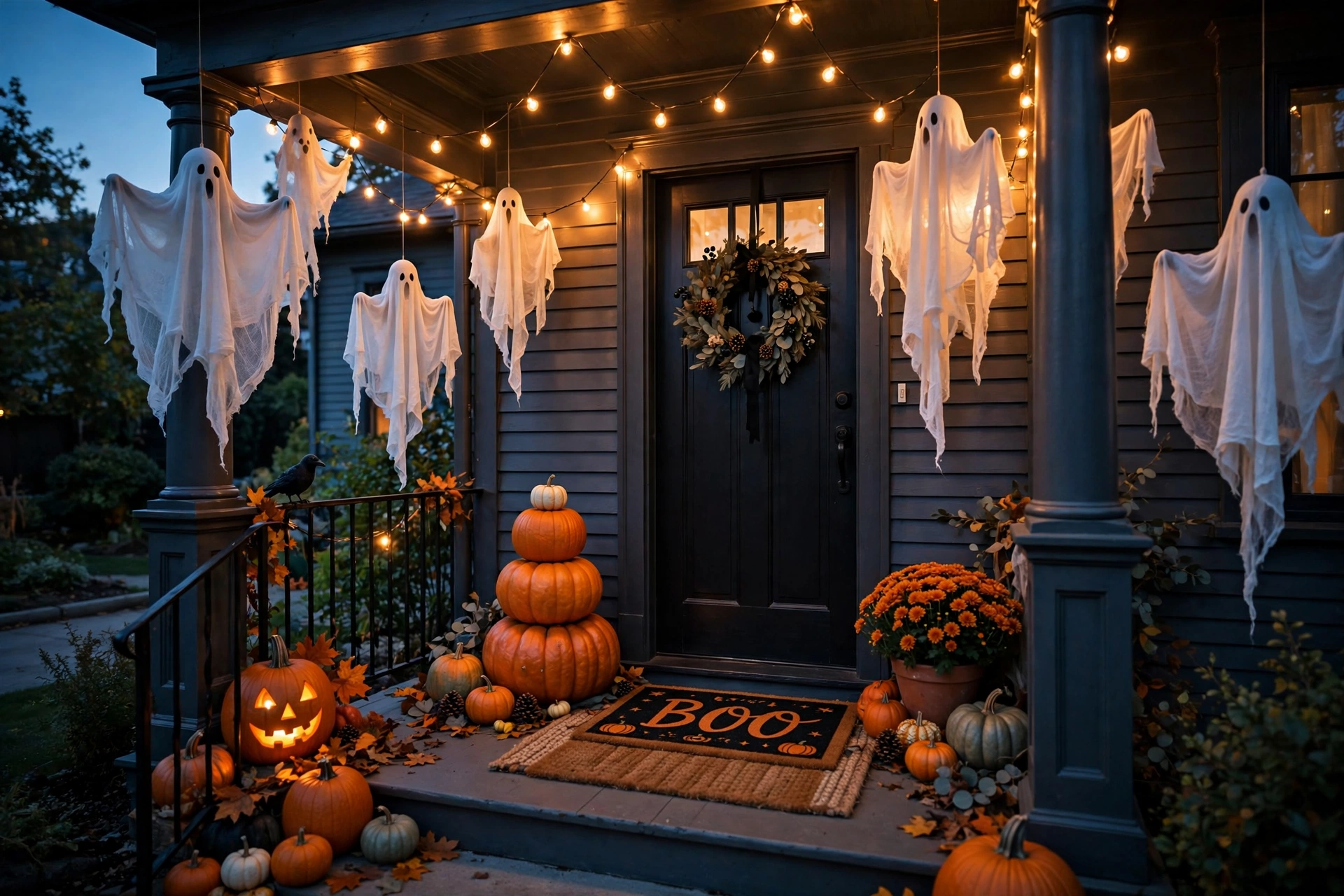 Halloween porch decorated on a budget with pumpkins, ghosts, and glowing lights