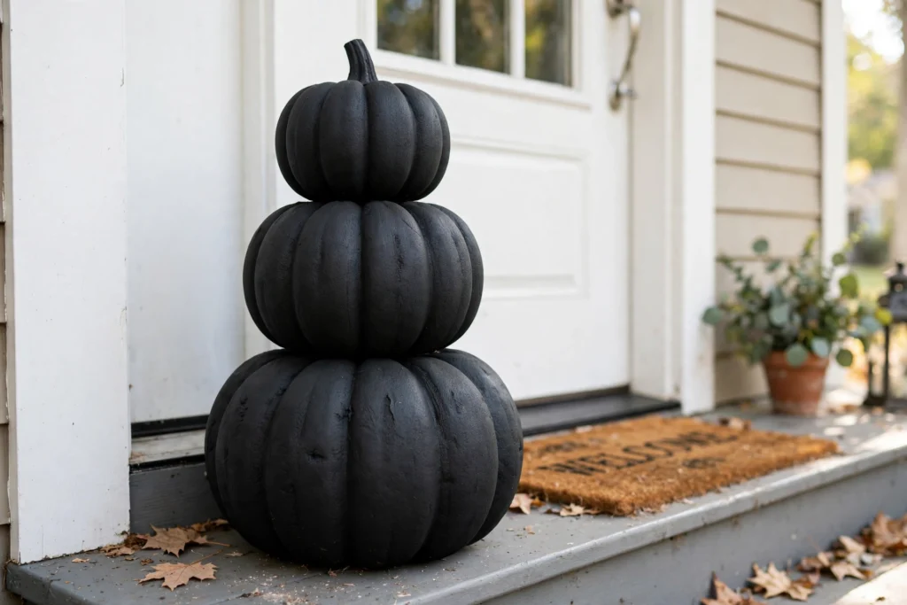 Dollar store pumpkin topiary stack by a front door