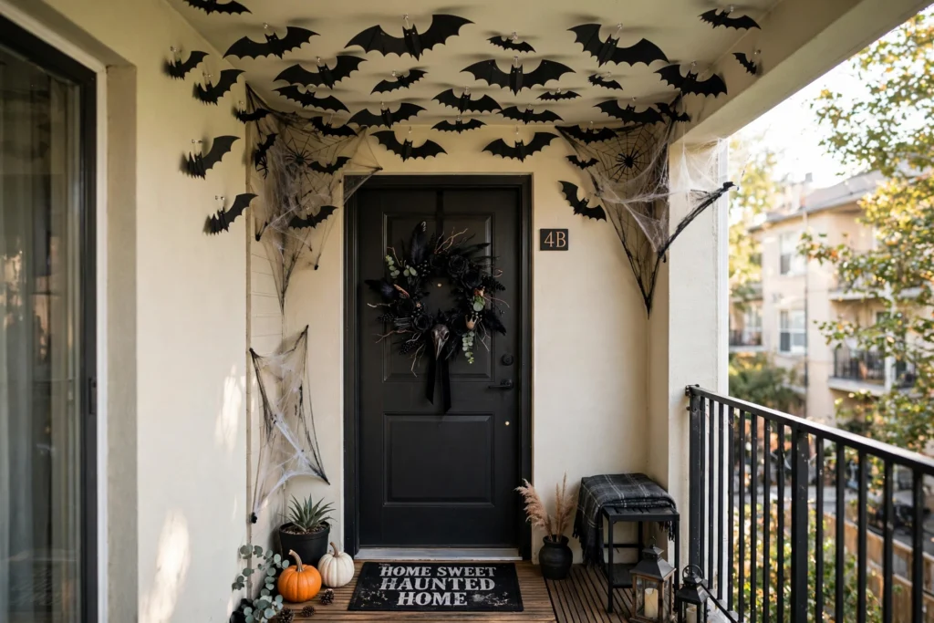 Black paper bats swarming across a small porch ceiling