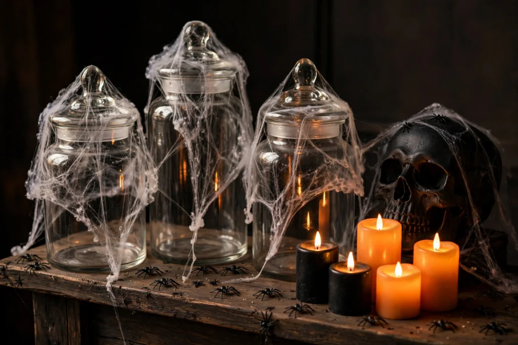 Halloween apothecary jars with cobwebs, black skull and LED candle clusters on mantel