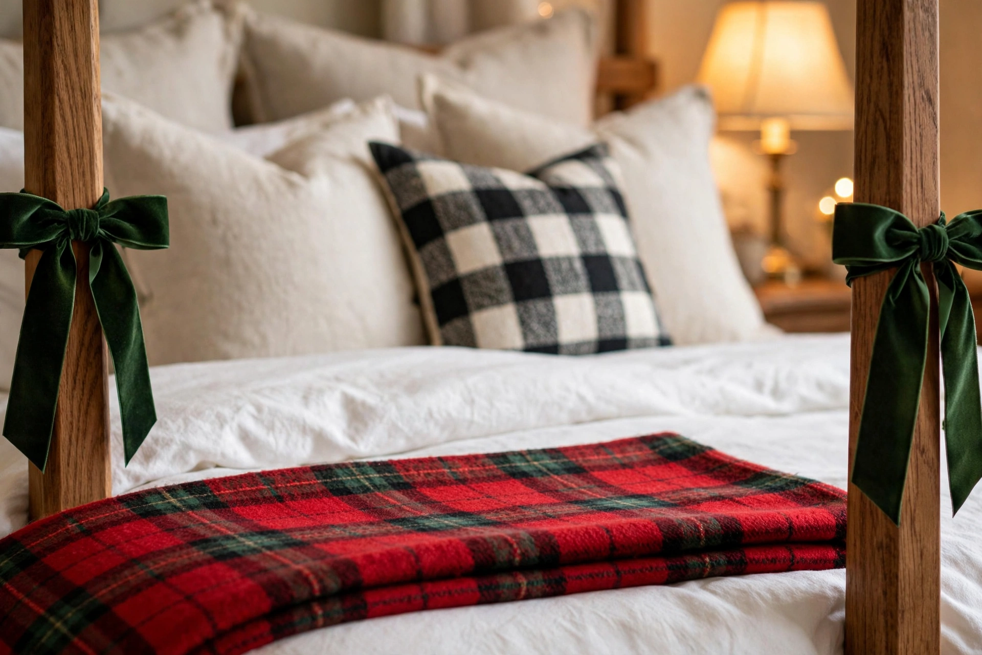 Close-up of white bed with red plaid throw folded at the foot and deep-green velvet bows tied on the bedposts