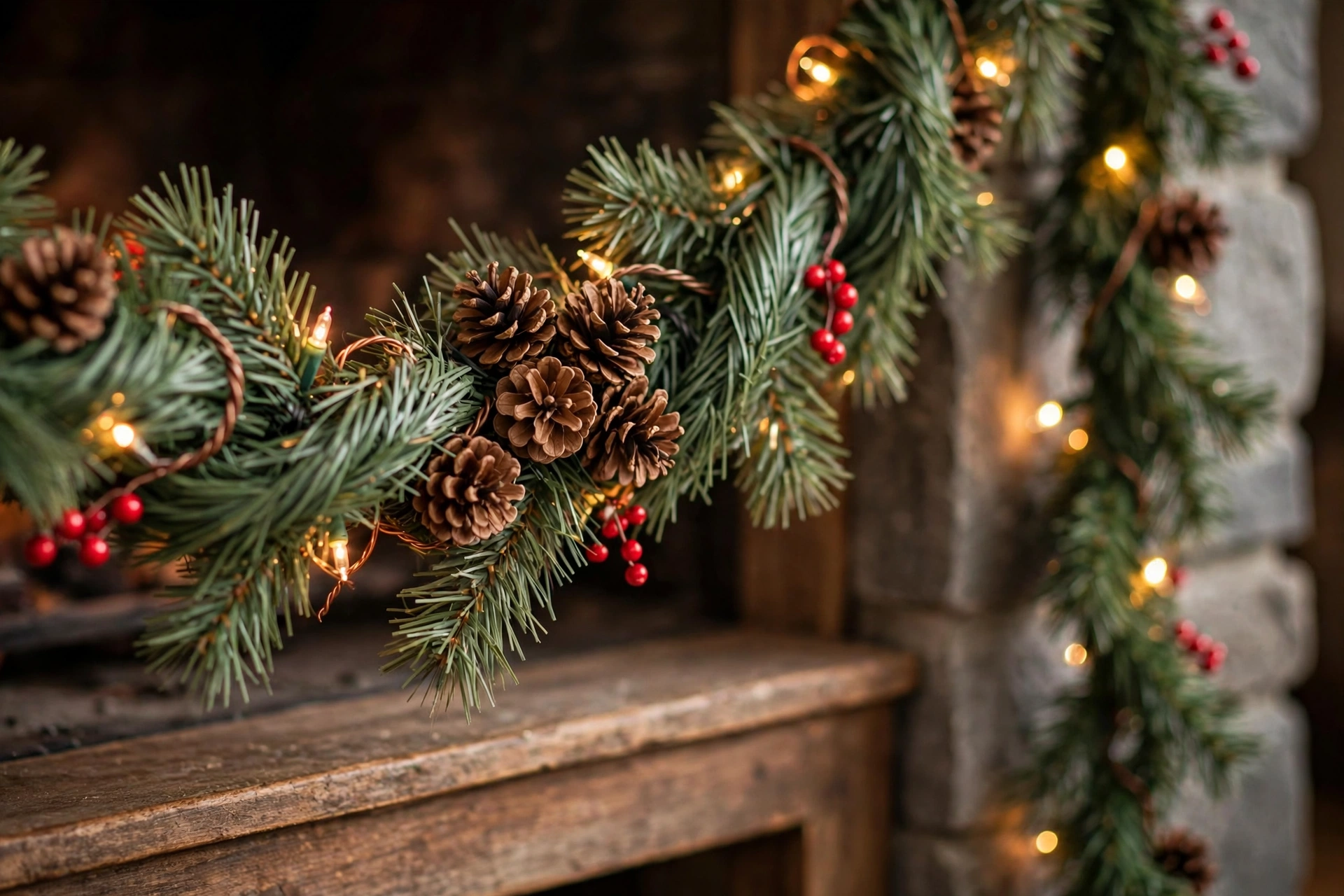 Budget Christmas garland bulked up with pinecones, berries, and fairy lights