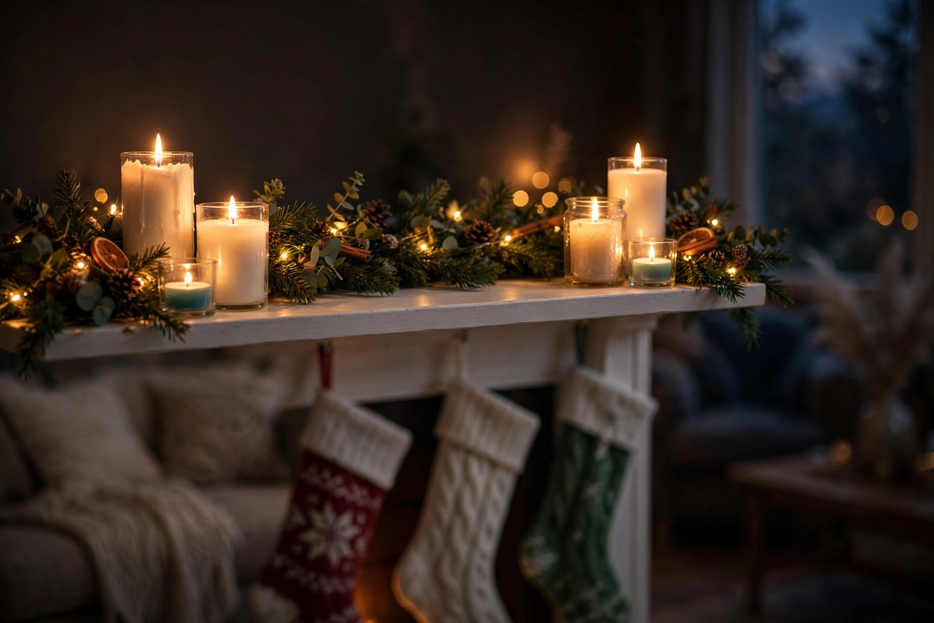Candlelit Christmas mantel with pillar candles and garland at dusk