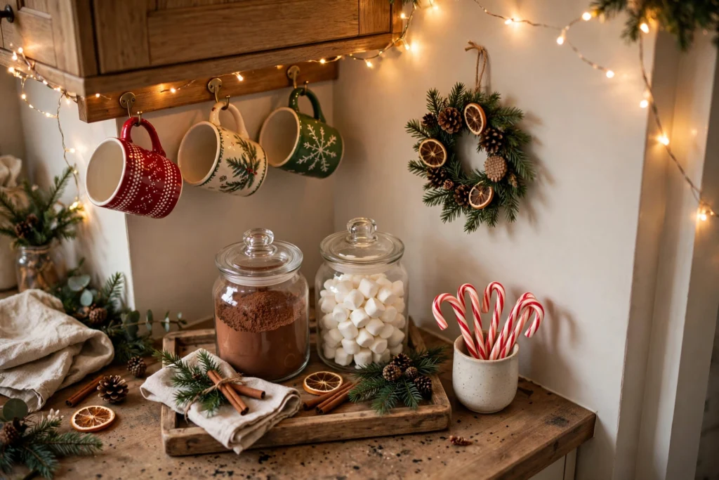 Christmas cocoa station on a kitchen counter with mugs on hooks, glass jars of cocoa and marshmallows, and a mini wreath on the wall