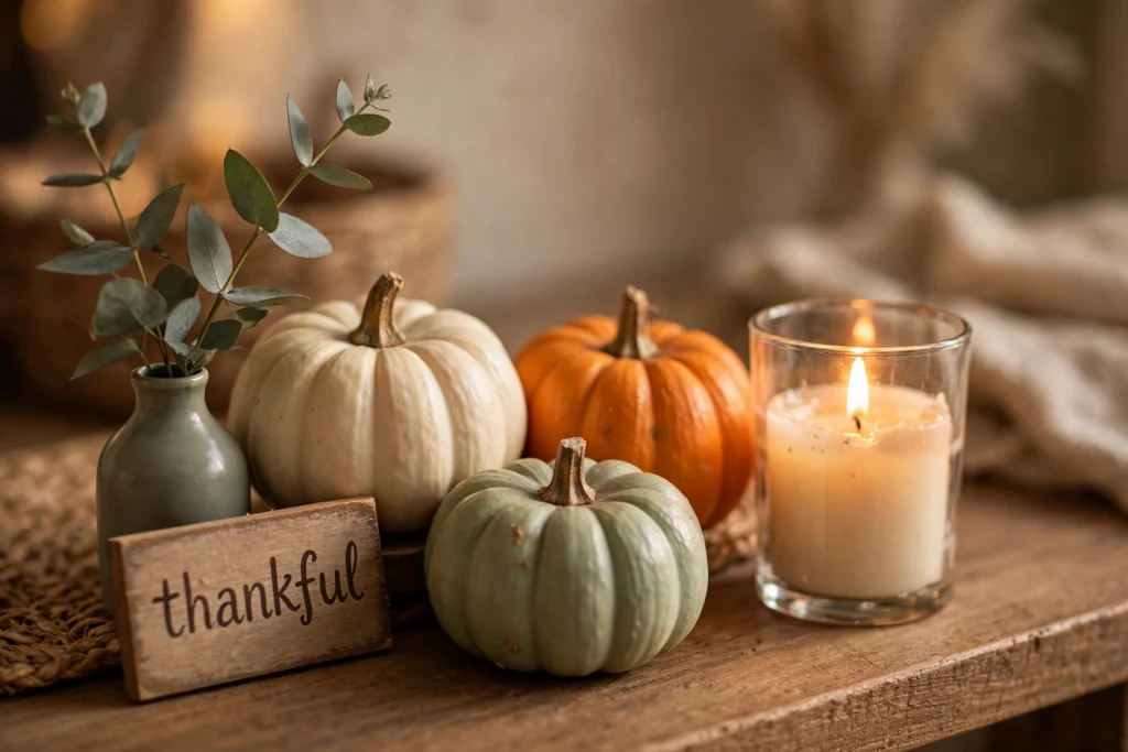 Thanksgiving console table vignette with mini pumpkins, candle, and thankful sign
