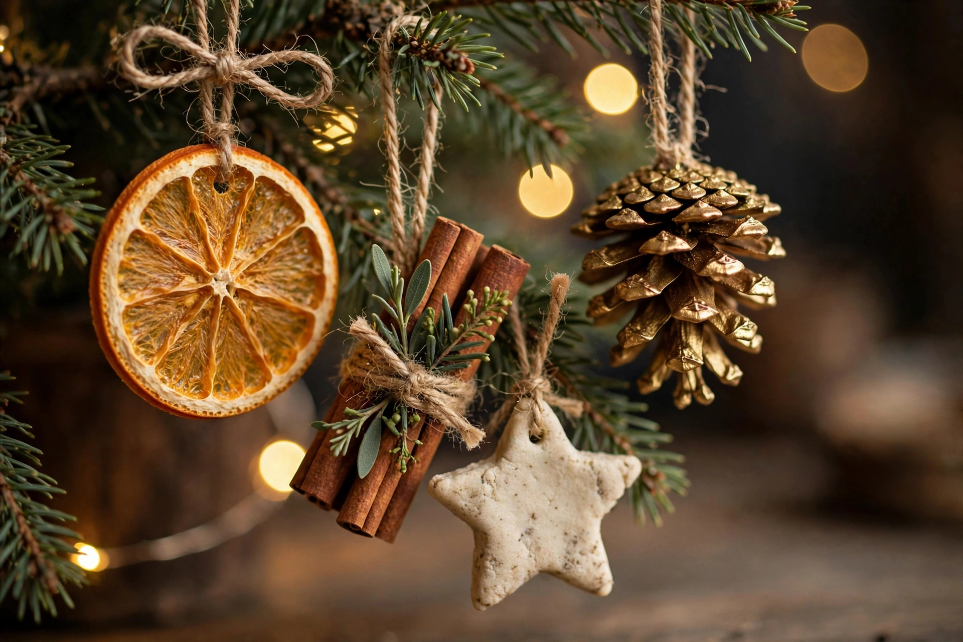 Handmade budget Christmas ornaments: dried orange slices, cinnamon stick bundles, gold pinecones, and salt-dough stars