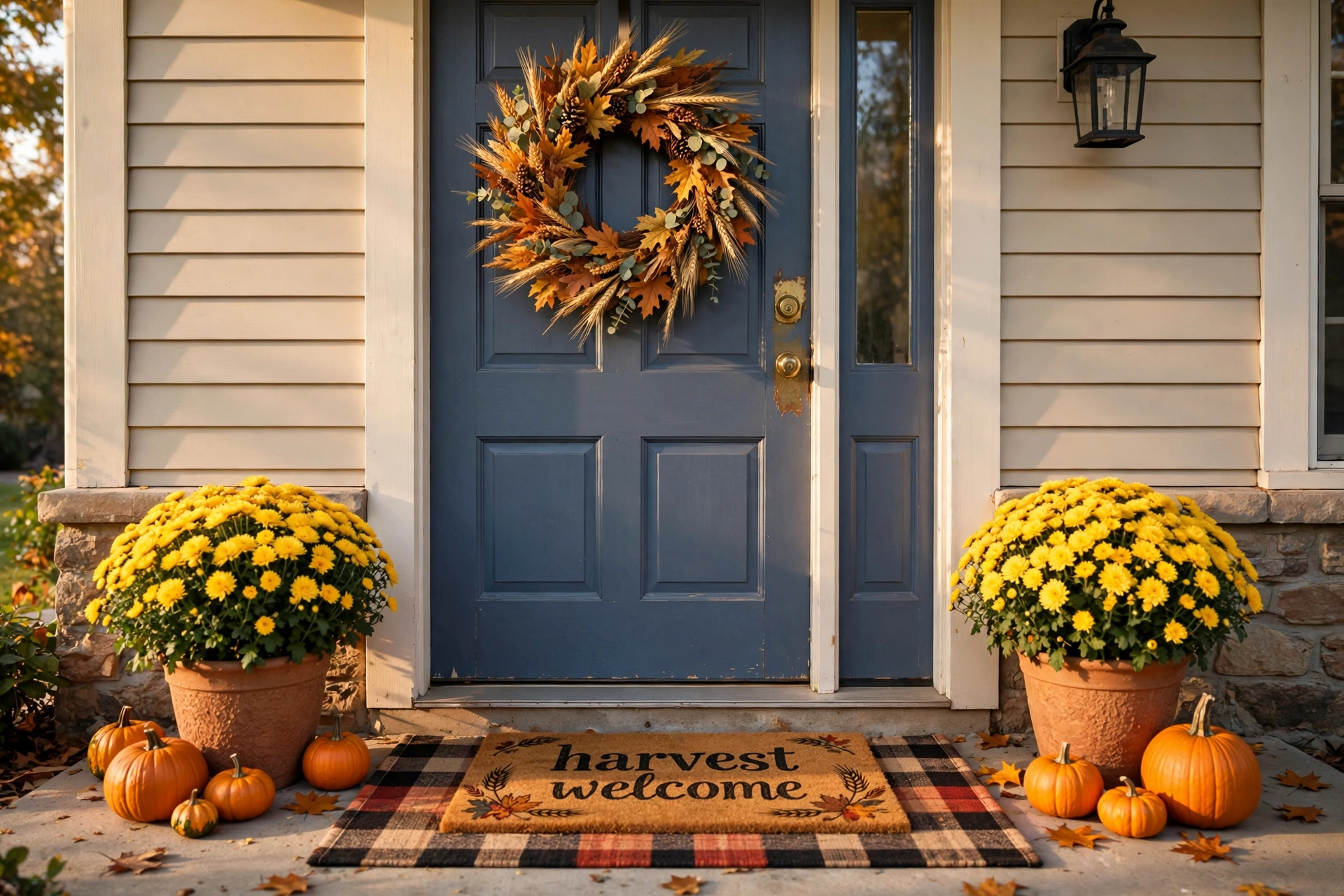 Fall front door entry with DIY autumn wreath, layered doormats, and pumpkins