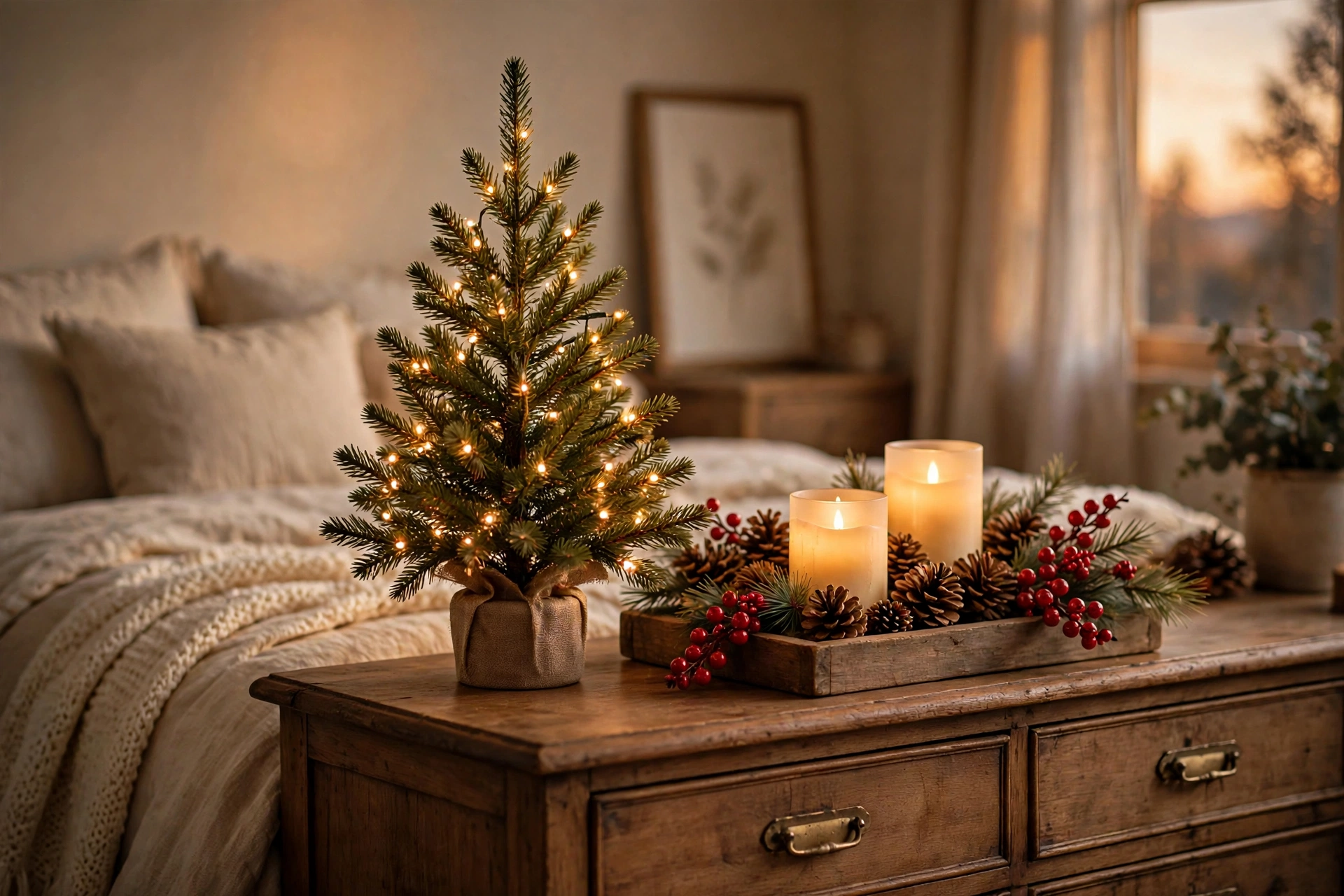 Dresser-top Christmas vignette with a small lit tabletop tree, flameless candles, pinecones and red berry sprigs