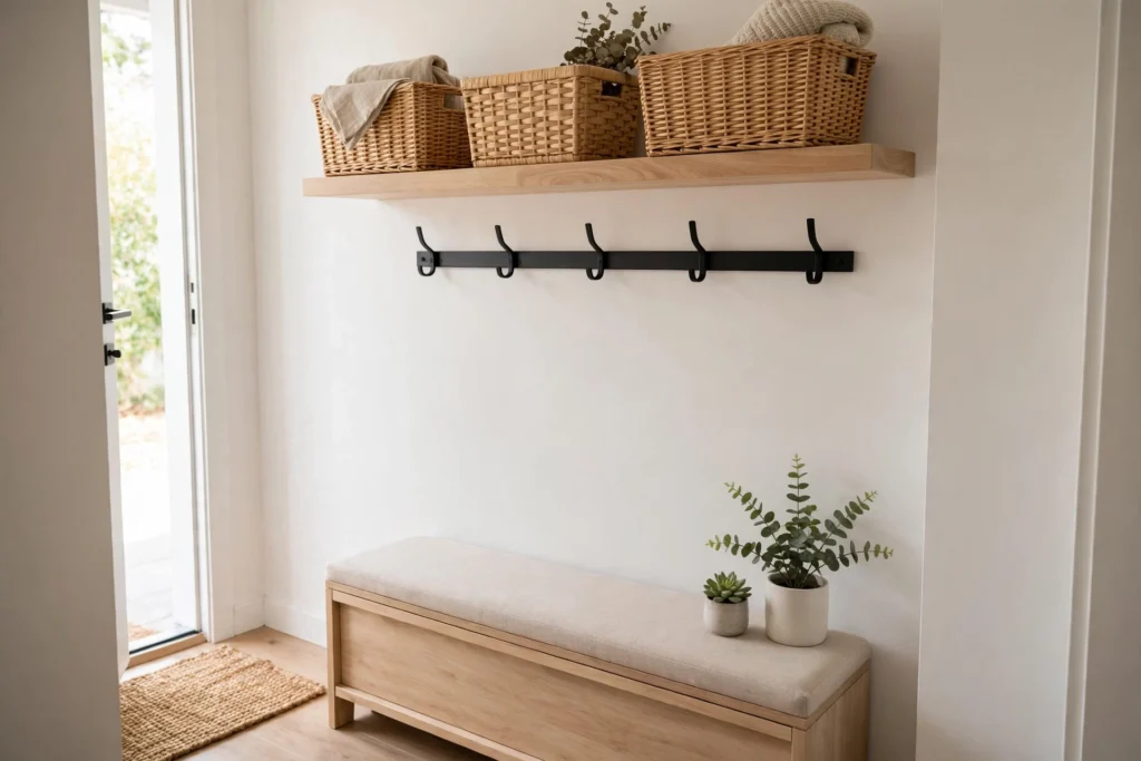 Small entryway with floating shelf, coat hooks, and slim shoe-storage bench