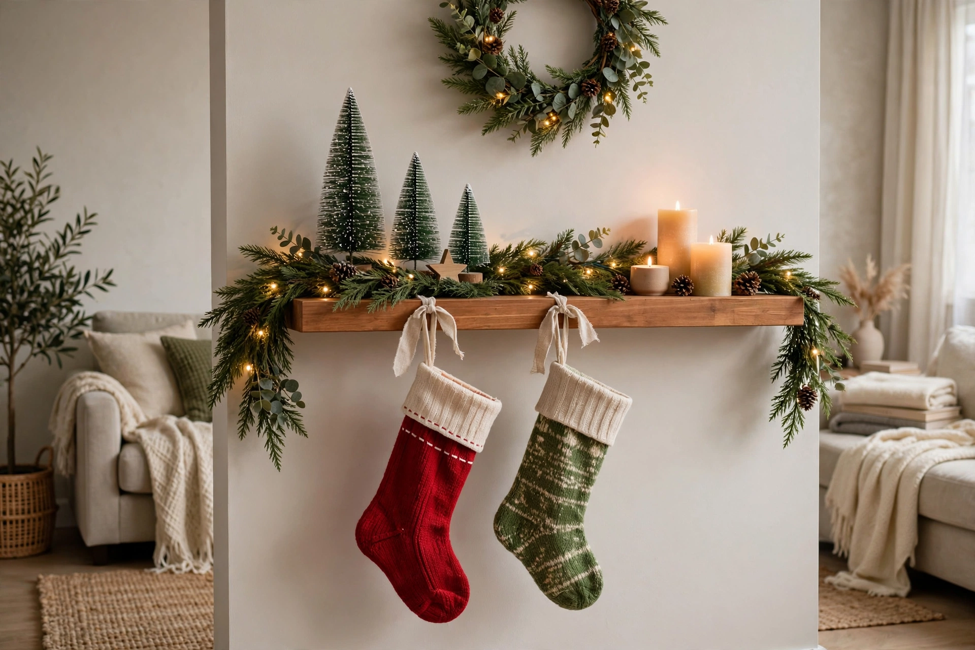 Faux Christmas mantel shelf with garland and stockings on a plain wall