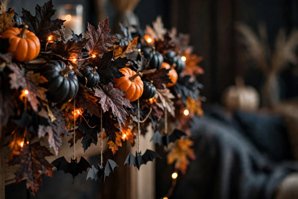 DIY Halloween mantel garland with faux leaves, mini pumpkins, paper bats and fairy lights