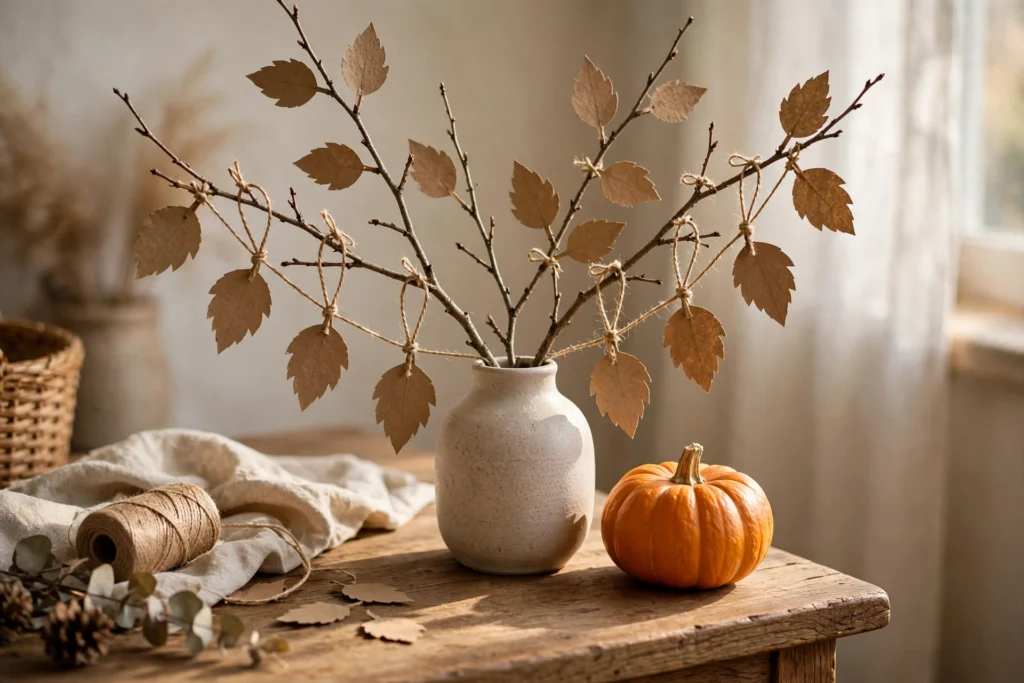 DIY paper-leaf gratitude garland strung along a mantel