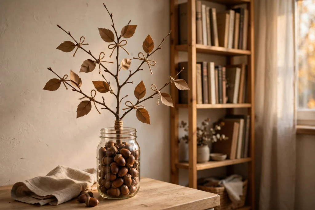 DIY mini gratitude tree in a mason jar with paper leaves tied to branches