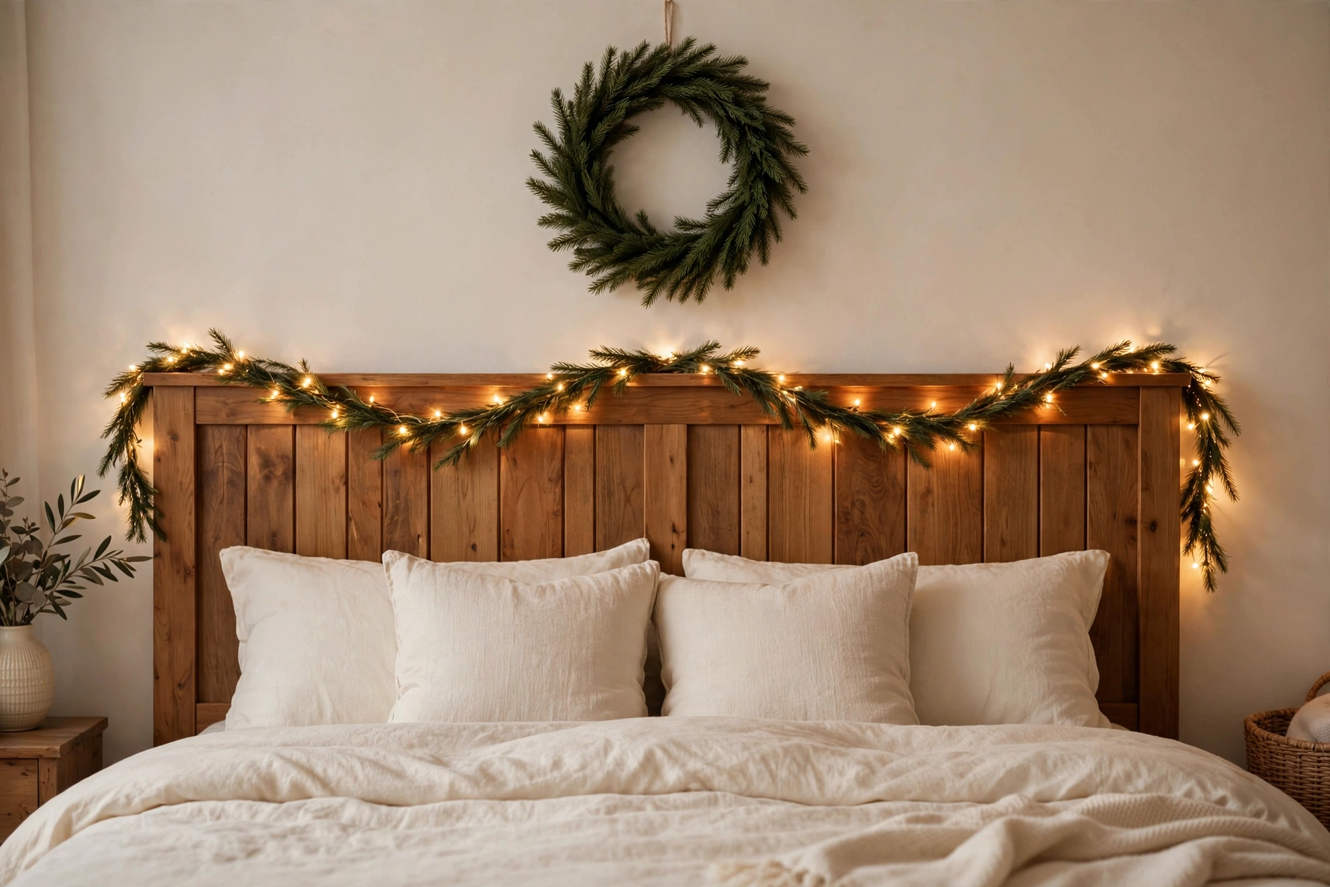 Evergreen wreath centered above a wooden headboard with a pine garland and fairy lights swagged along it