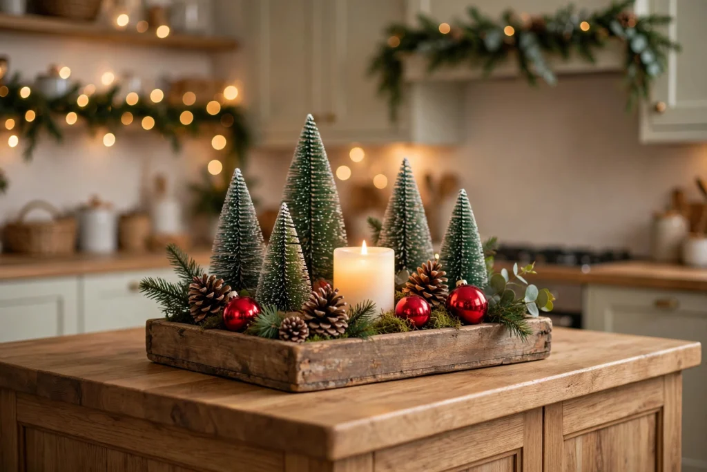 Kitchen island styled with a wooden tray centerpiece of mini bottlebrush trees, pinecones, red ornaments, and a glowing candle