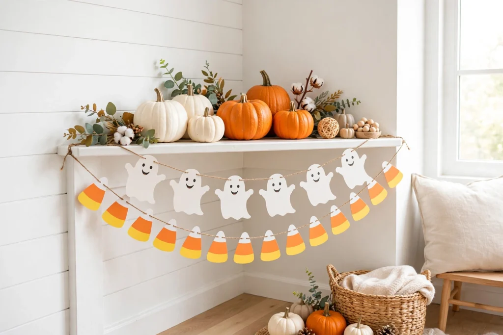 Kid-friendly Halloween mantel with white pumpkins, smiling paper ghosts and candy corn garland
