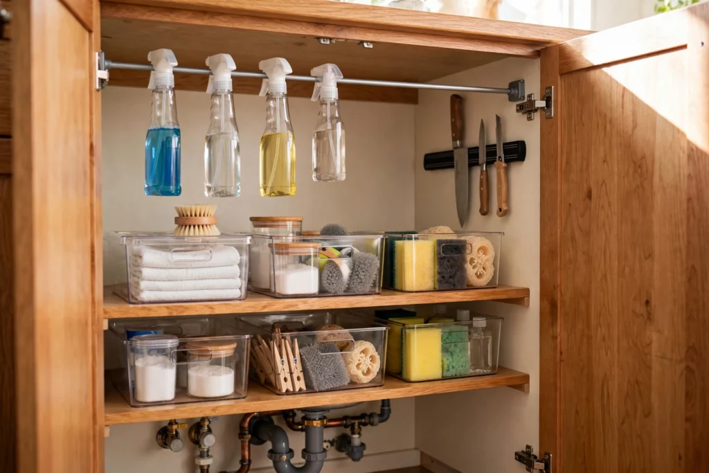 Small kitchen storage: under-sink tension rod, clear pantry bins, and magnetic knife strip