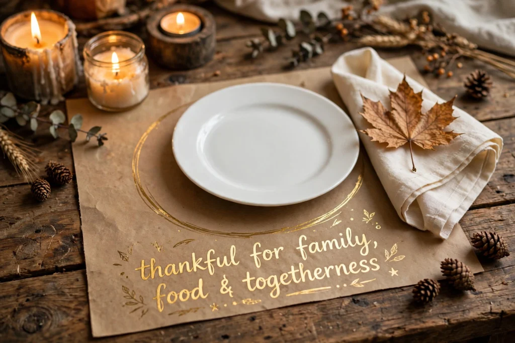 Kraft paper placemat with hand-drawn plate outline and thankful message under a white plate