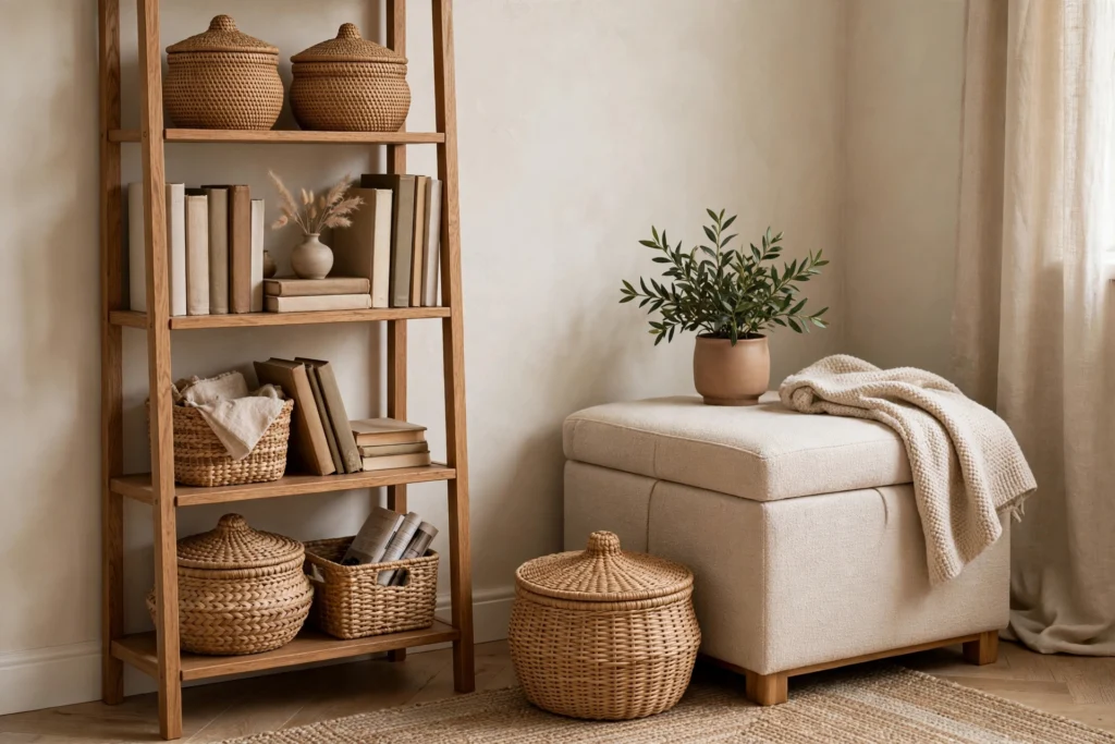 Small living room corner with tall narrow bookshelf, storage ottoman, and woven baskets