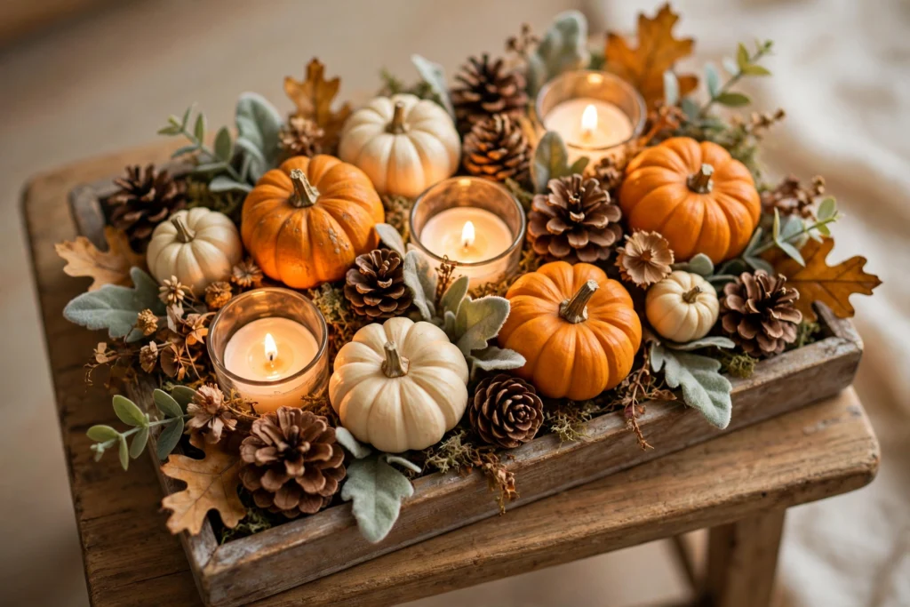 Low Thanksgiving centerpiece of mini pumpkins, pinecones, and tea lights in a tray on a small wooden table