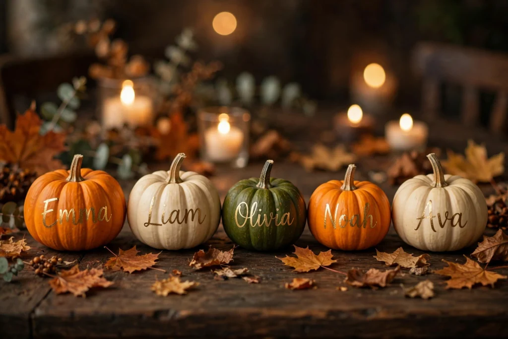 Mini pumpkins with guest names written in gold script as Thanksgiving place cards