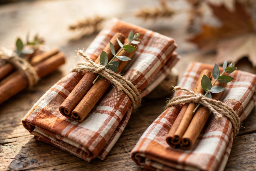 DIY cinnamon stick napkin rings tied with twine on plaid napkins