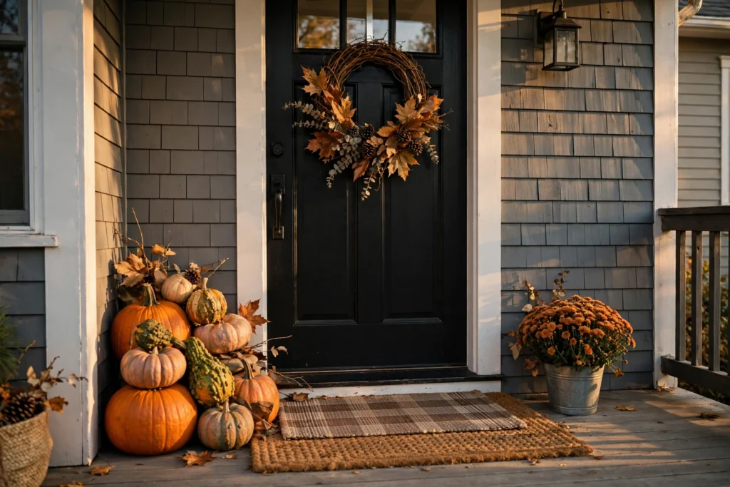 Front porch decorated for Thanksgiving with stacked pumpkins, fall wreath, and layered welcome mats
