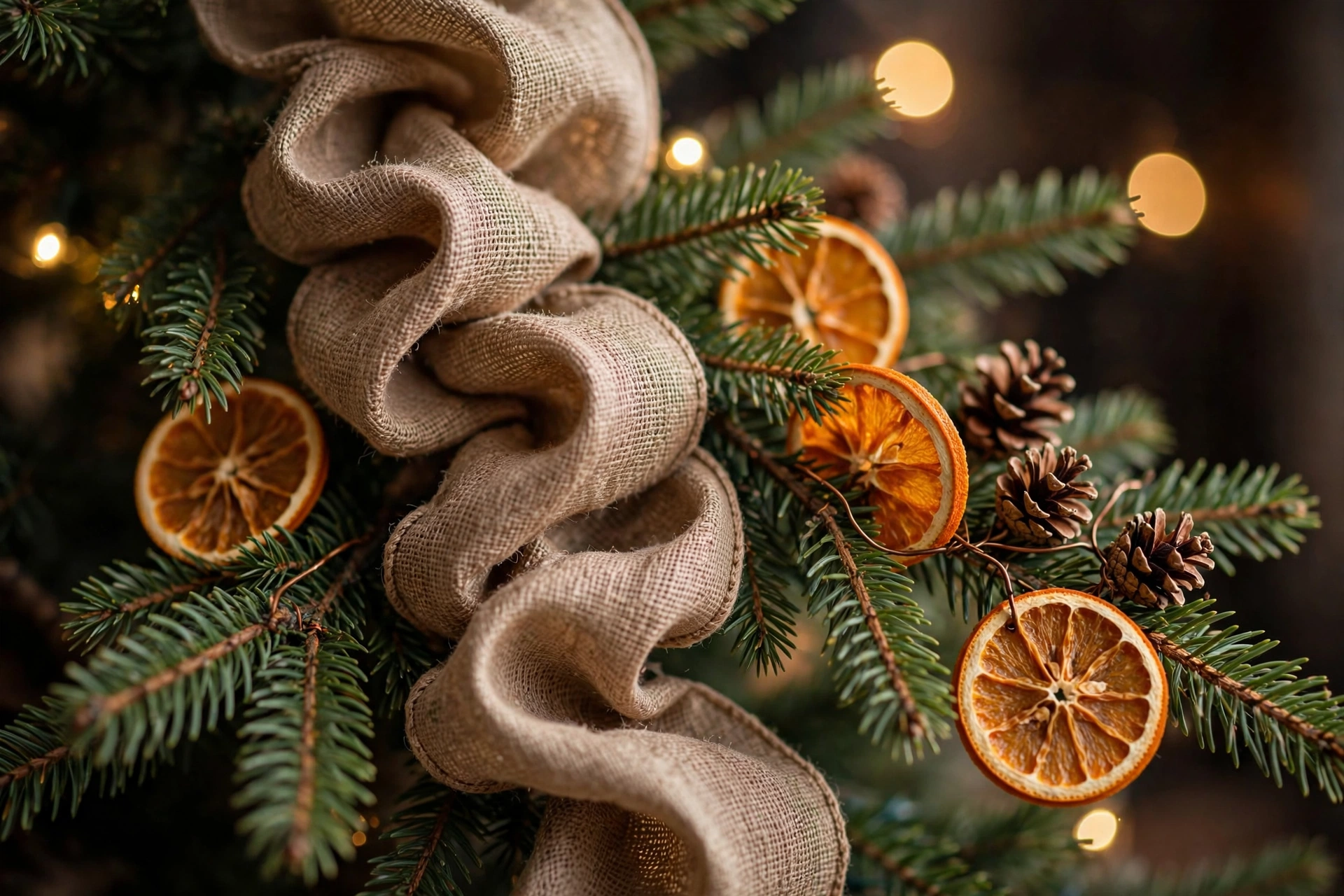 Close-up of burlap ribbon woven vertically through Christmas tree branches with dried orange slices and pinecones