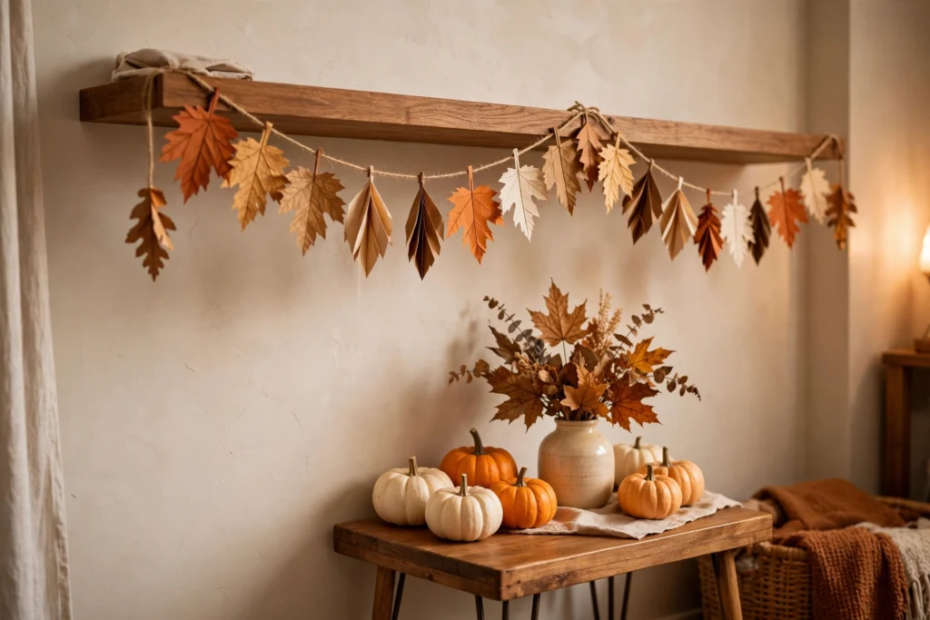 Floating shelf styled for Thanksgiving with mini pumpkins, dried fall leaves, and a paper-leaf gratitude garland