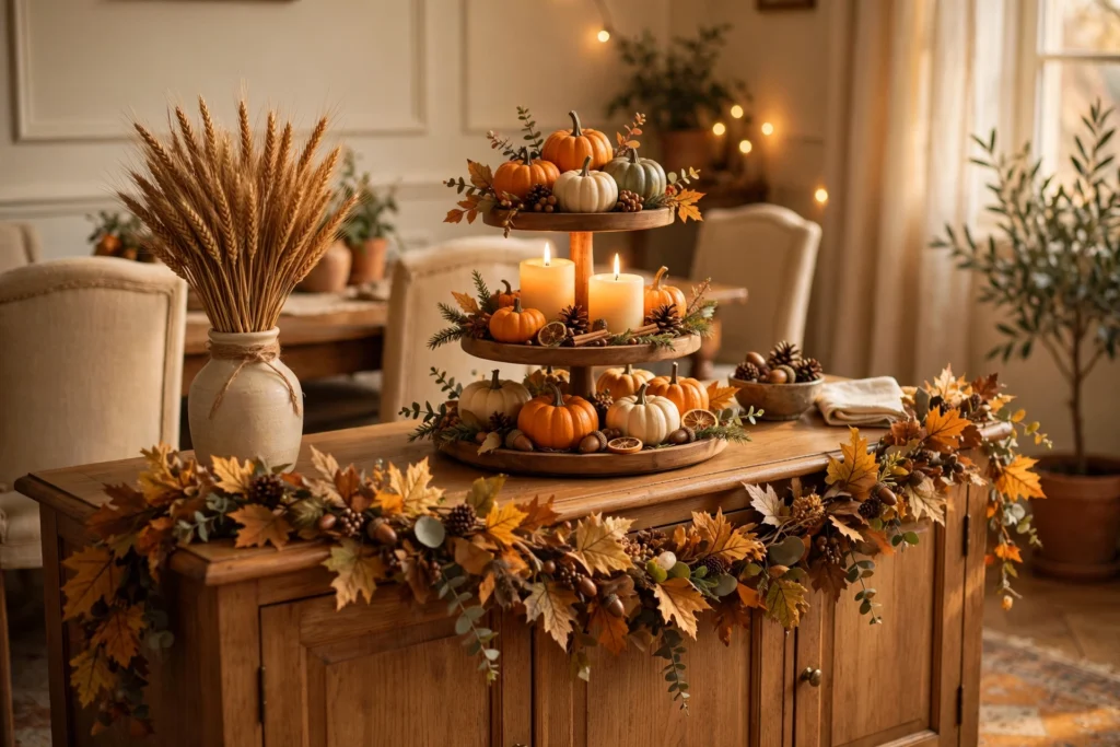 Dining room sideboard styled for Thanksgiving with tiered tray, mini pumpkins, candles, and wheat